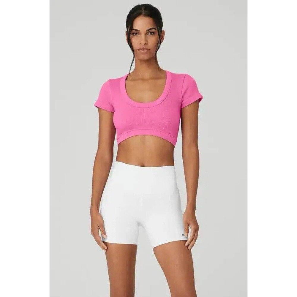 Alo Yoga Seamless Ribbed Serene Short Sleeve Top Size L Pink Cropped Active